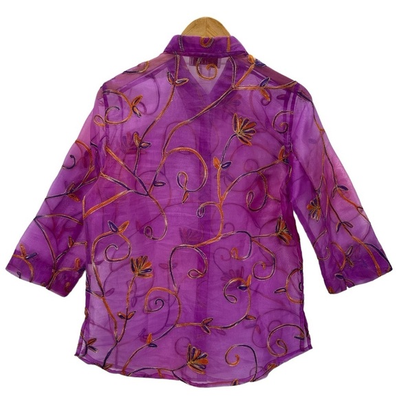 c.l.o.t.h.e.s. Sheer Floral Embroidered Button Front Collared Blouse Purple - Picture 4 of 13